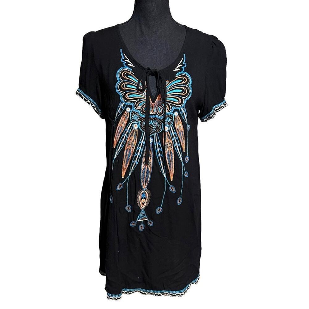 Papillon Embroidered Black Boho Tunic Dress Top Women's S Small